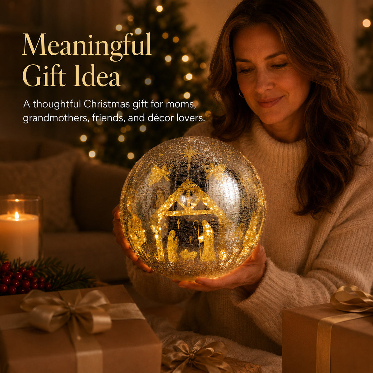 Illuminated Crackle Glass Nativity Sphere with Hidden Scene
