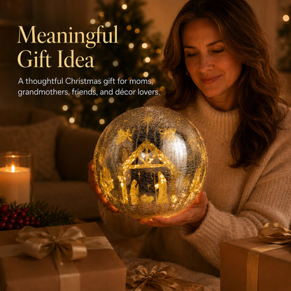 Illuminated Crackle Glass Nativity Sphere with Hidden Scene