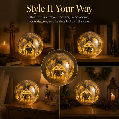 Illuminated Crackle Glass Nativity Sphere with Hidden Scene