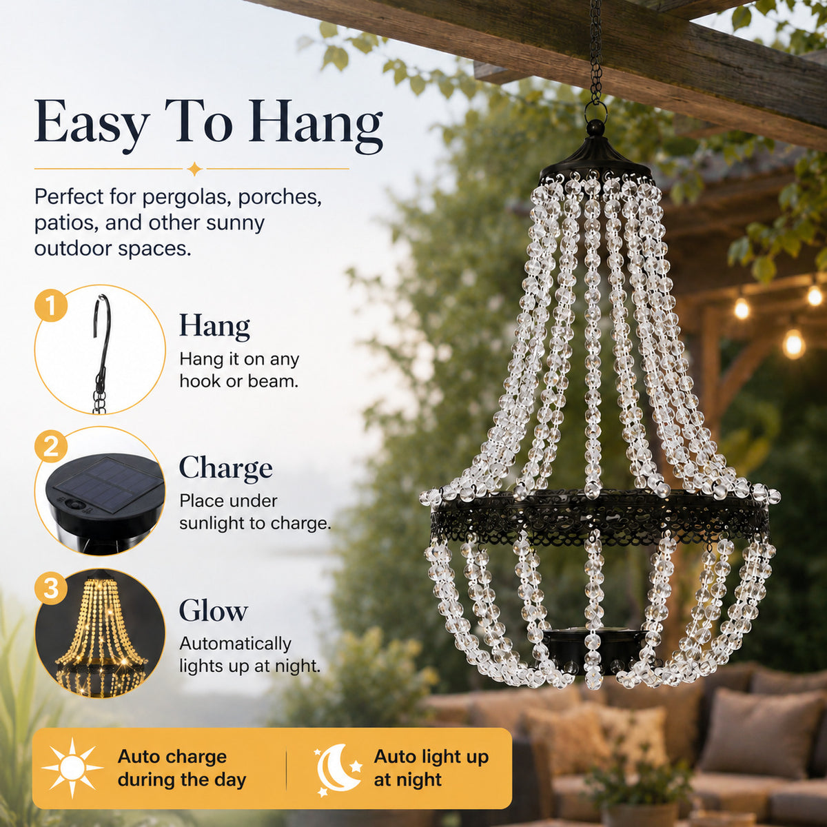 Solar Crystal Beaded Hanging Chandelier Light