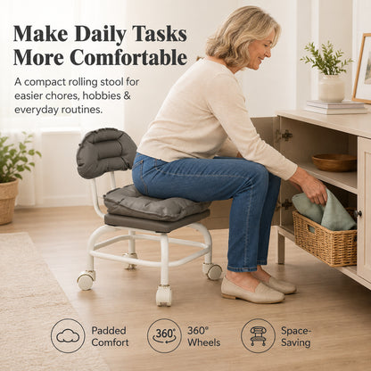 Rolling Backrest Chair with Quiet Wheels – Comfortable Padded Seat for Easy Home Tasks & Everyday Comfort