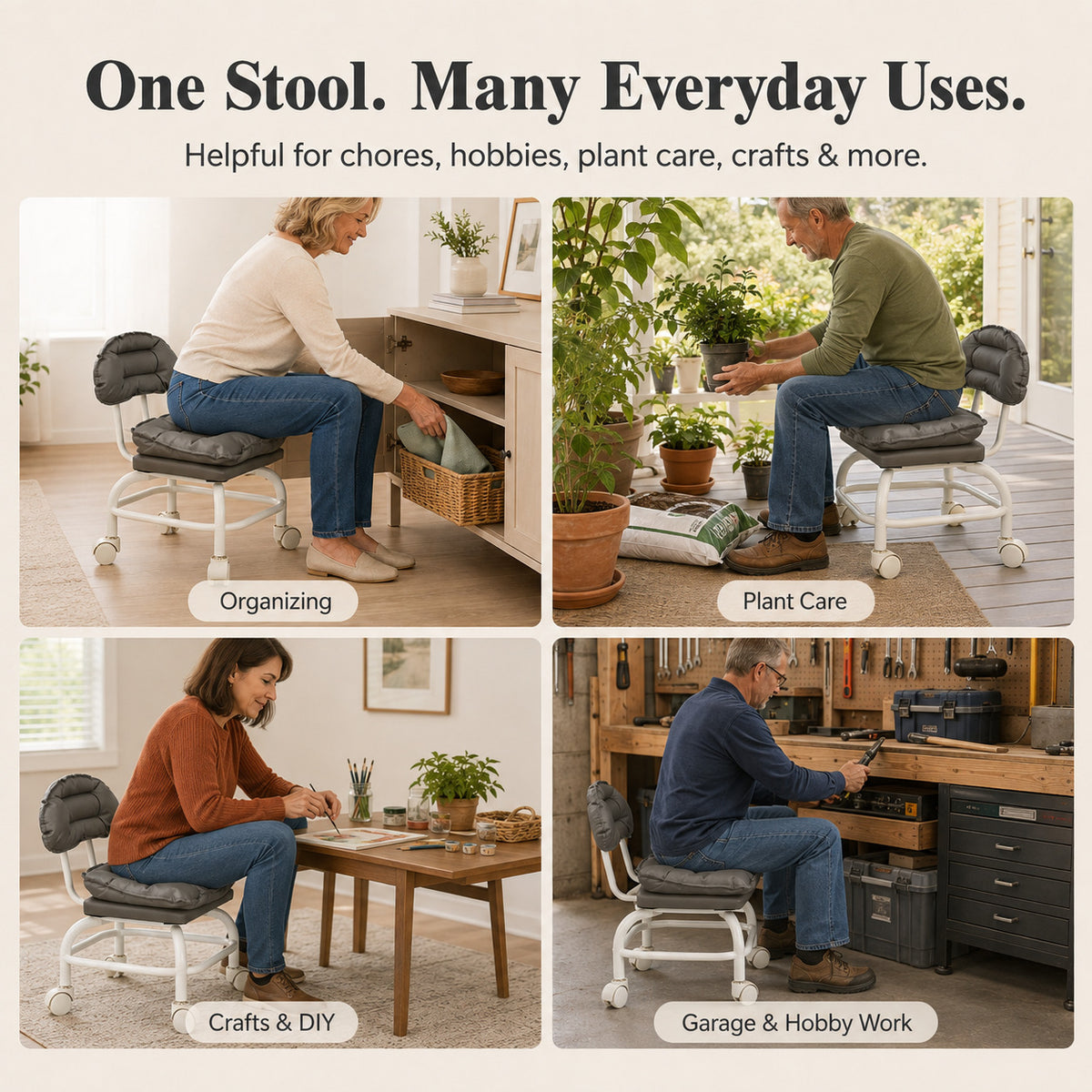 Rolling Backrest Chair with Quiet Wheels – Comfortable Padded Seat for Easy Home Tasks & Everyday Comfort