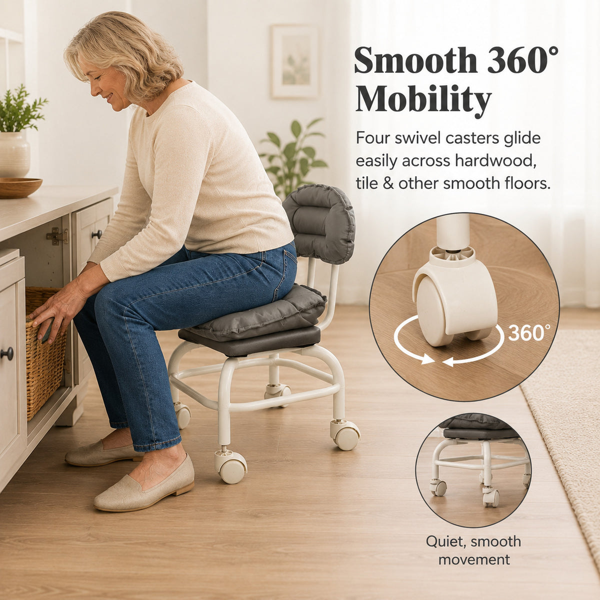 Rolling Backrest Chair with Quiet Wheels – Comfortable Padded Seat for Easy Home Tasks & Everyday Comfort