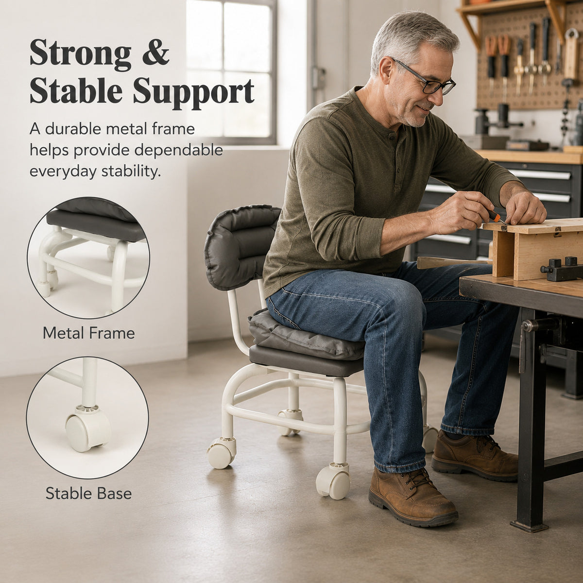 Rolling Backrest Chair with Quiet Wheels – Comfortable Padded Seat for Easy Home Tasks & Everyday Comfort