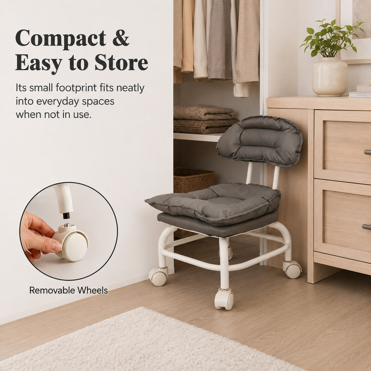 Rolling Backrest Chair with Quiet Wheels – Comfortable Padded Seat for Easy Home Tasks & Everyday Comfort