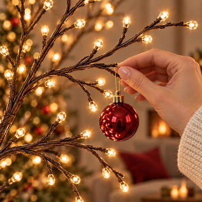 Close-up of warm LED branch lights with hanging ornament