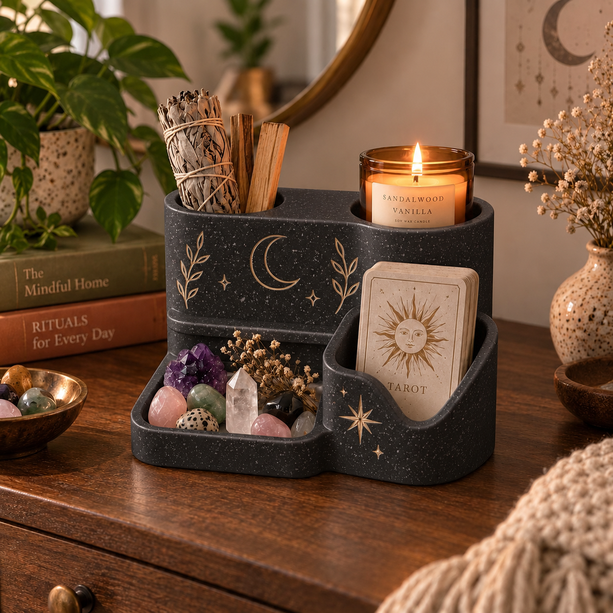 Witchy Altar Organizer – Tarot Card, Crystal, Incense and Candle Holder Tray