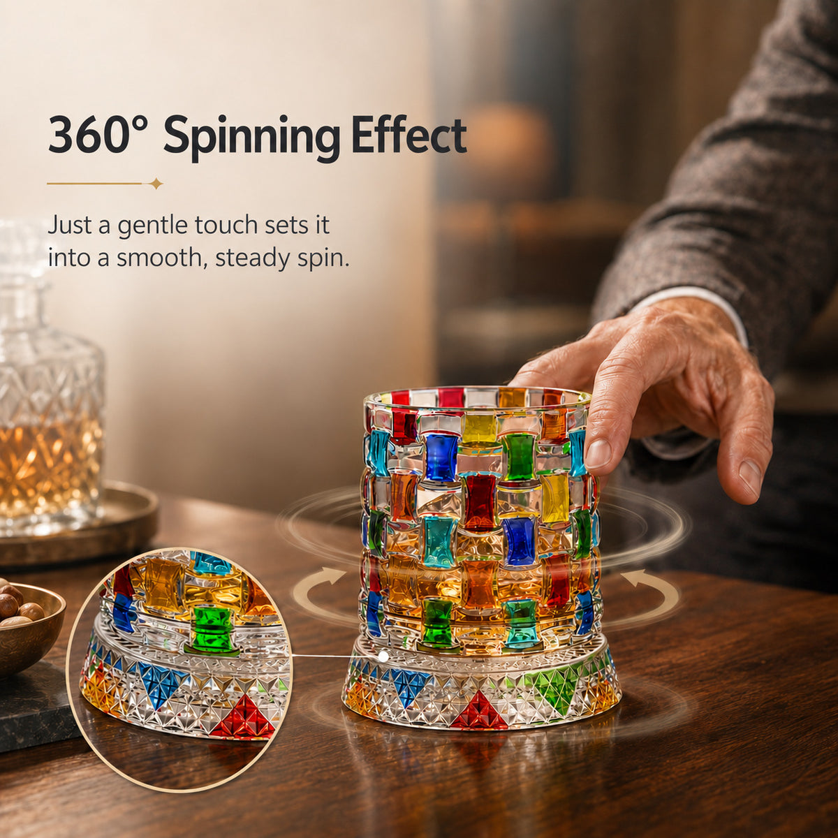 Hand-Painted 360° Spinning Crystal Whiskey Glass