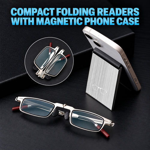 Portable Foldable Pocket Reading Glasses with Magnetic Phone Case & Stand — Ultra-Light, Anti-Blue Light