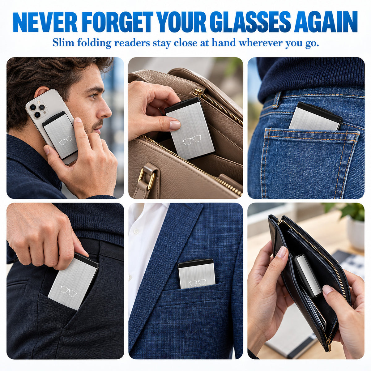 Portable Foldable Pocket Reading Glasses with Magnetic Phone Case & Stand — Ultra-Light, Anti-Blue Light