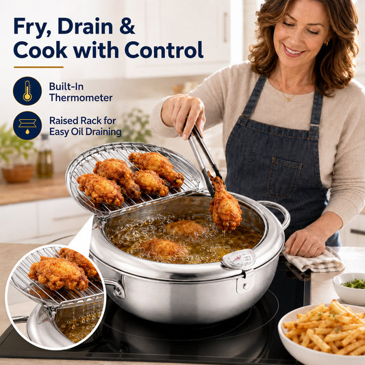 304 Stainless Steel Tempura Fryer Pot with Thermometer & Drain Rack