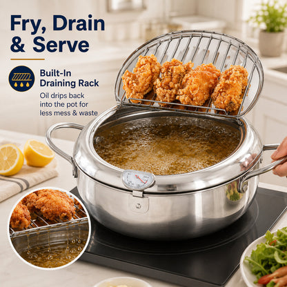 304 Stainless Steel Tempura Fryer Pot with Thermometer & Drain Rack
