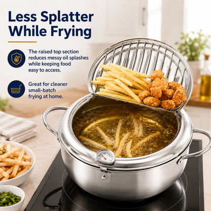 304 Stainless Steel Tempura Fryer Pot with Thermometer & Drain Rack
