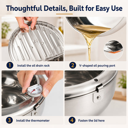304 Stainless Steel Tempura Fryer Pot with Thermometer & Drain Rack