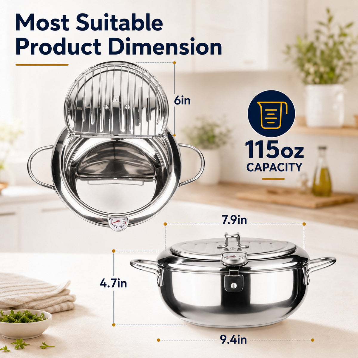 304 Stainless Steel Tempura Fryer Pot with Thermometer & Drain Rack