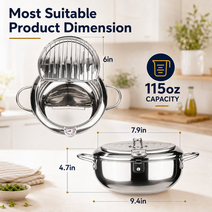 304 Stainless Steel Tempura Fryer Pot with Thermometer & Drain Rack