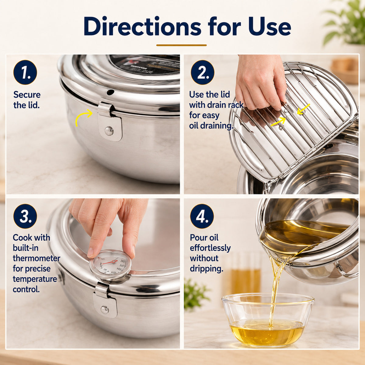 304 Stainless Steel Tempura Fryer Pot with Thermometer & Drain Rack