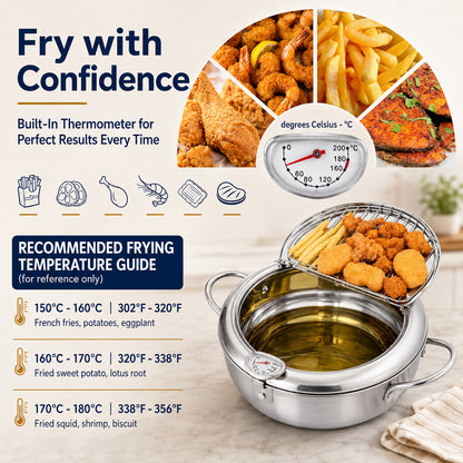 304 Stainless Steel Tempura Fryer Pot with Thermometer & Drain Rack