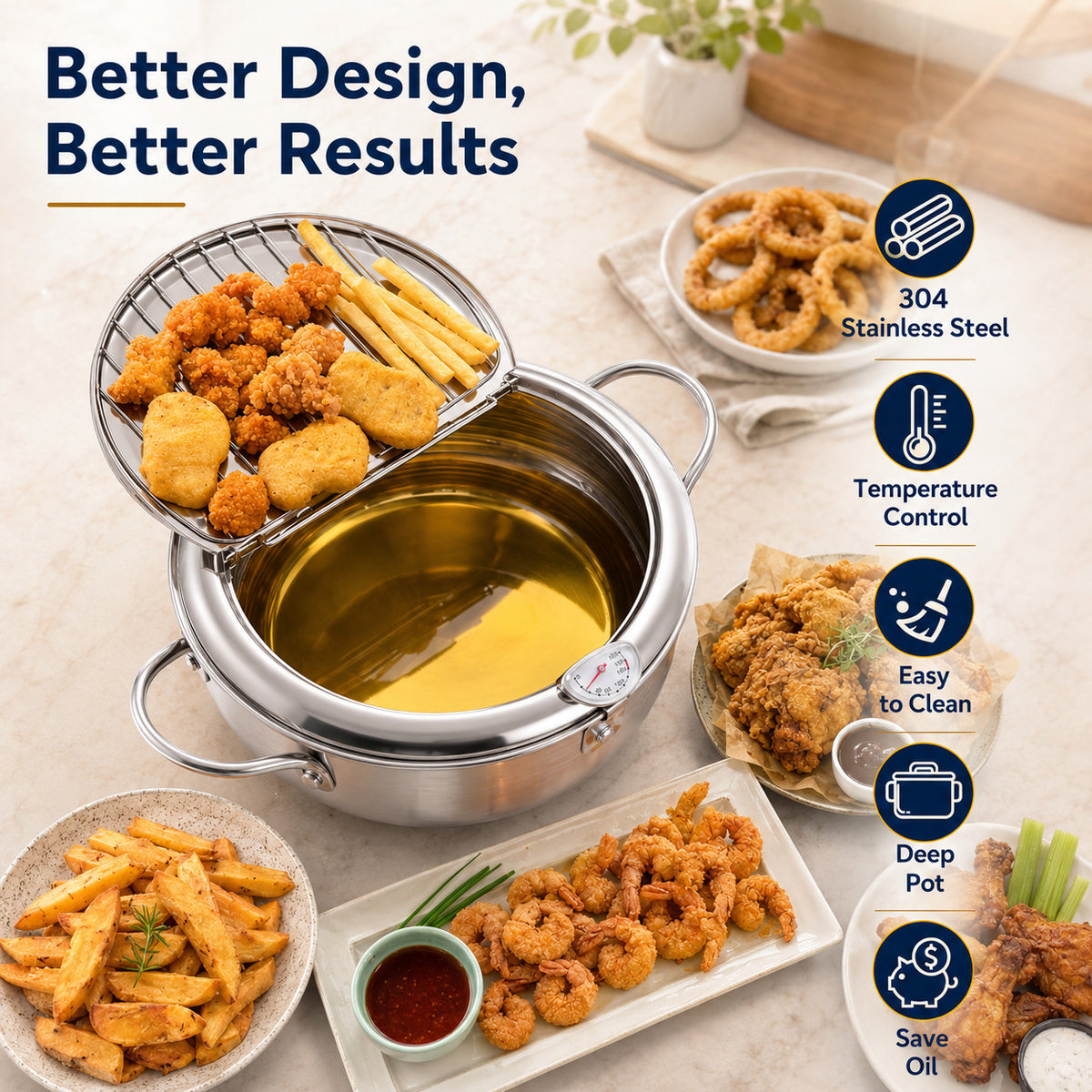 304 Stainless Steel Tempura Fryer Pot with Thermometer & Drain Rack