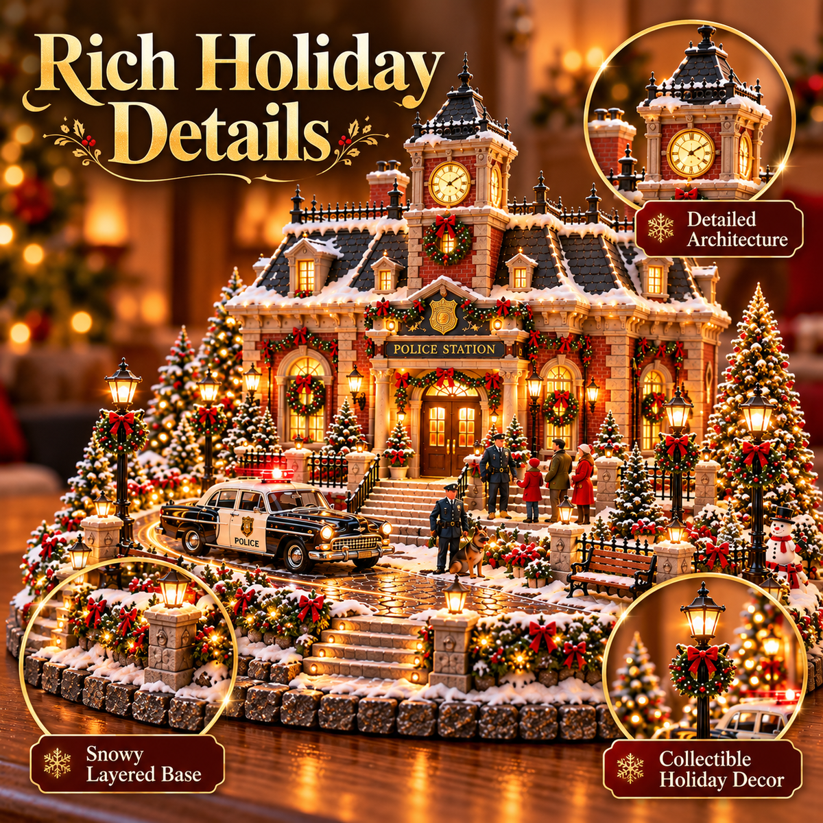 🎄 Christmas Police Station Village™ – Warm LED Lights, Vintage Patrol Car & K9 Holiday Display