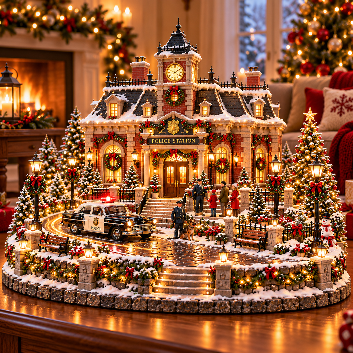 🎄 Christmas Police Station Village™ – Warm LED Lights, Vintage Patrol Car & K9 Holiday Display