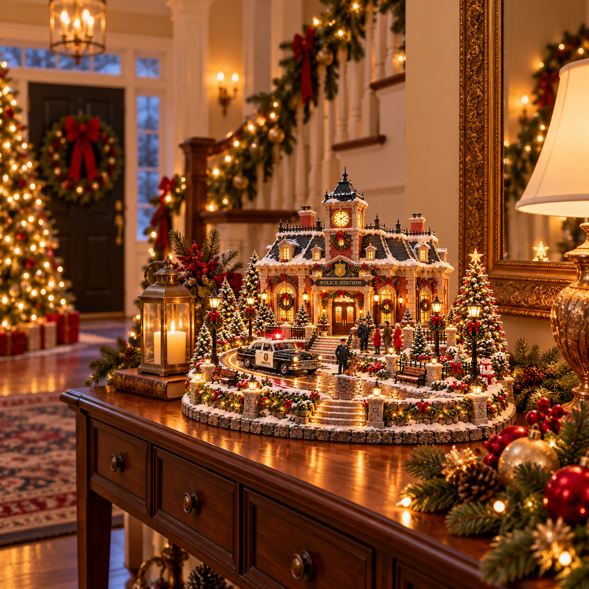 🎄 Christmas Police Station Village™ – Warm LED Lights, Vintage Patrol Car & K9 Holiday Display