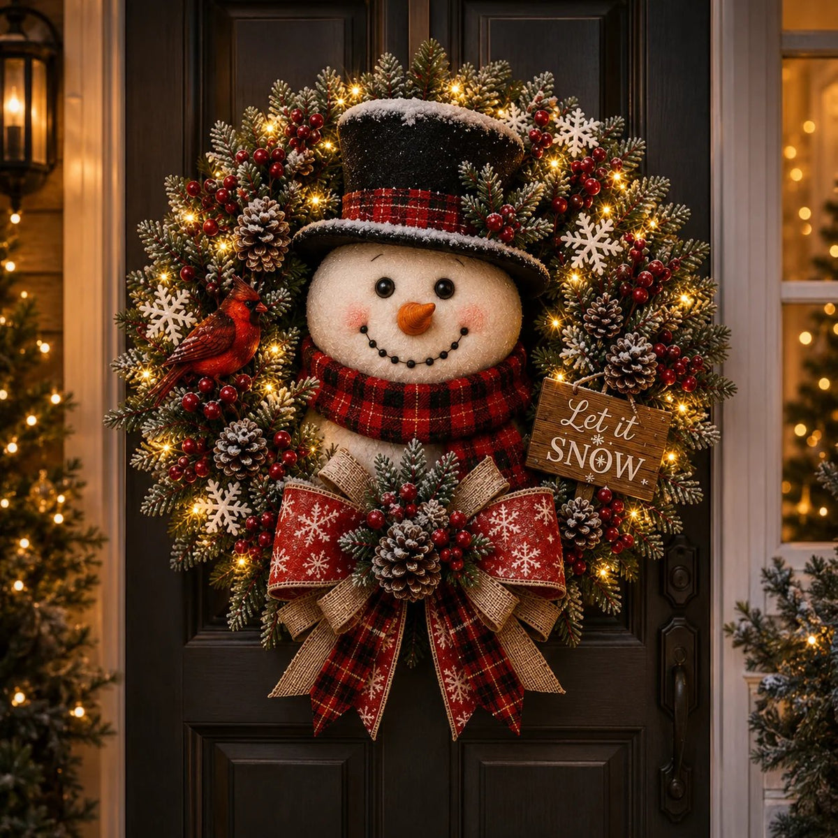 ⛄ Snowman Lighted Christmas Wreath™ – Festive Holiday Door Decor