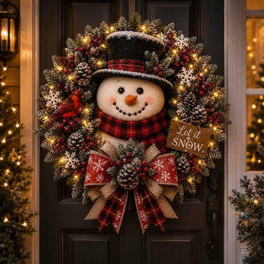 ⛄ Snowman Lighted Christmas Wreath™ – Festive Holiday Door Decor