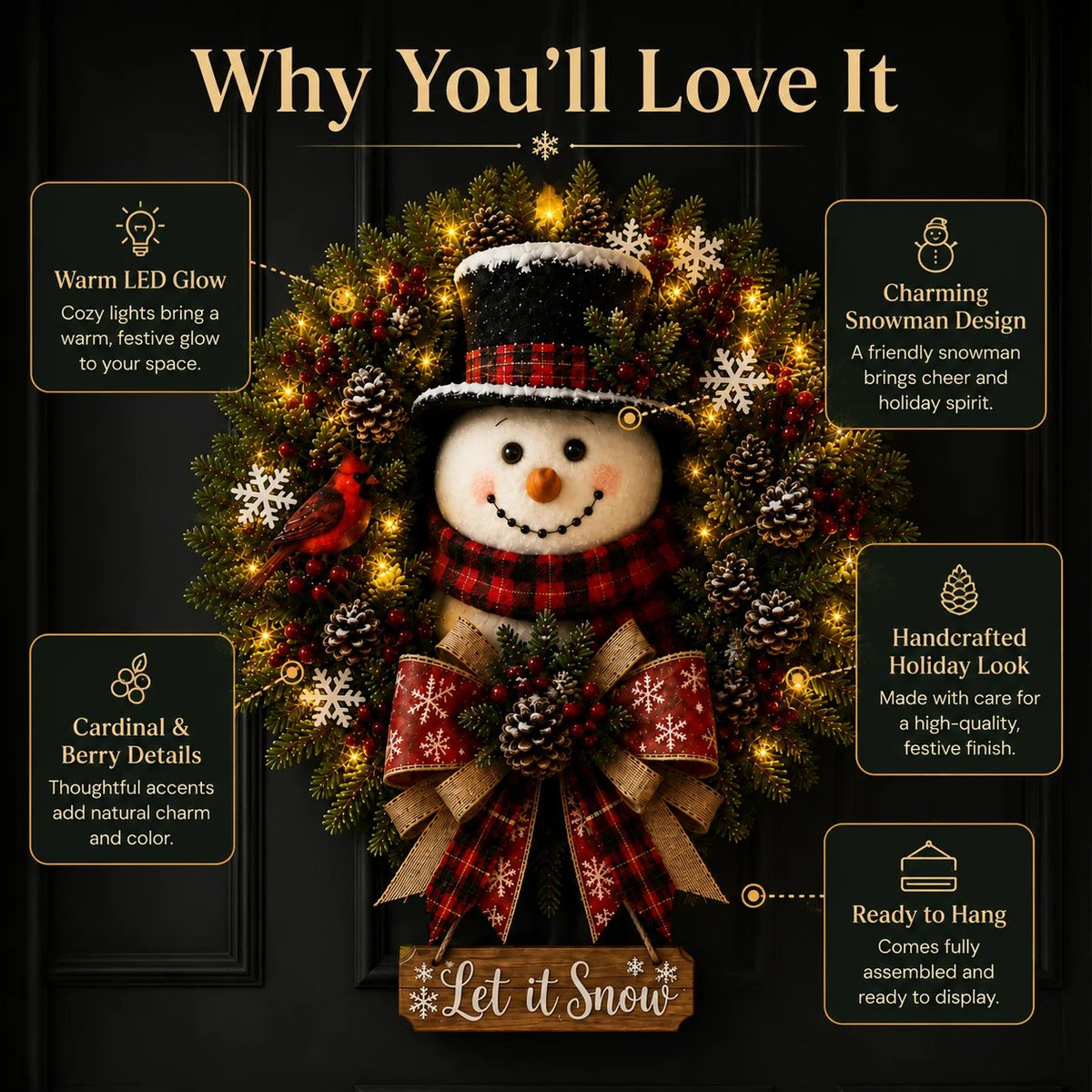 ⛄ Snowman Lighted Christmas Wreath™ – Festive Holiday Door Decor