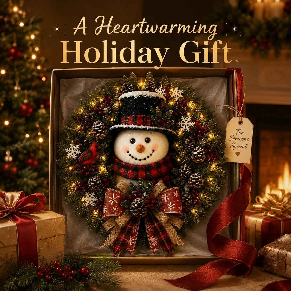⛄ Snowman Lighted Christmas Wreath™ – Festive Holiday Door Decor