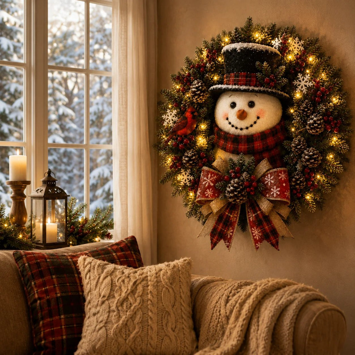 ⛄ Snowman Lighted Christmas Wreath™ – Festive Holiday Door Decor