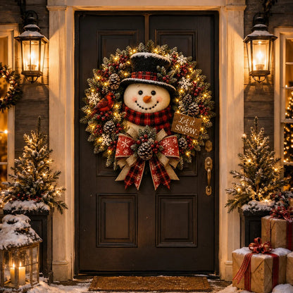 ⛄ Snowman Lighted Christmas Wreath™ – Festive Holiday Door Decor