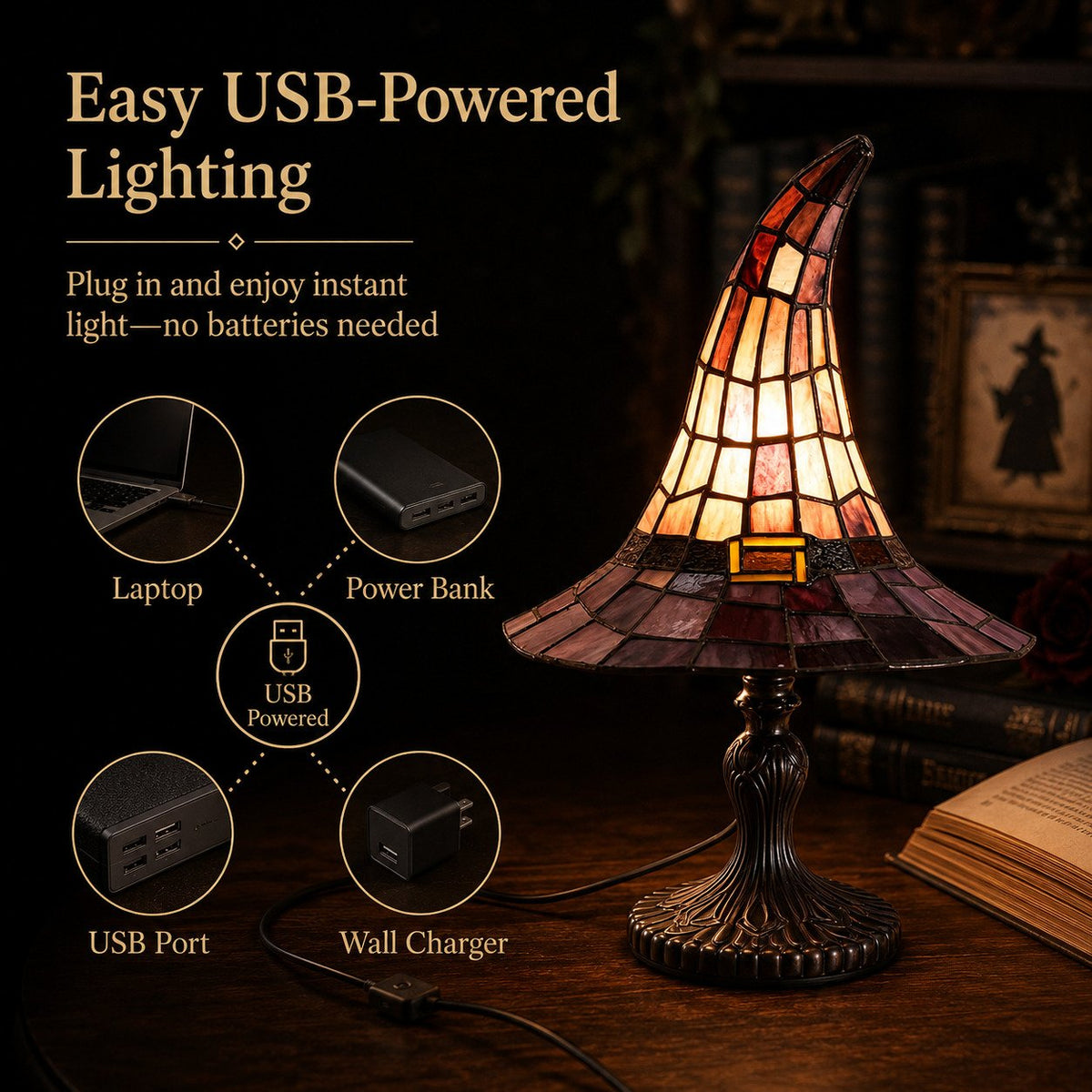 Vintage Stained Glass Witch Hat Lamp
