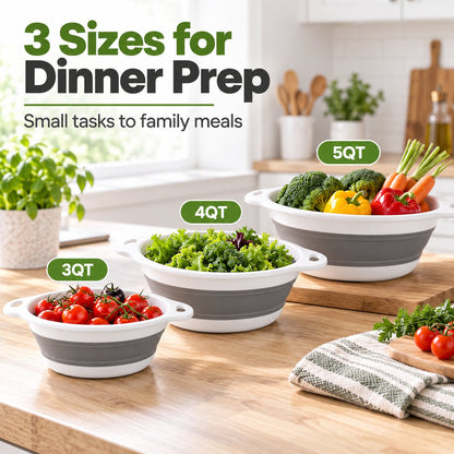💧 3-Piece Collapsible Colander Set with Self-Draining Base – 3QT, 4QT & 5QT Space-Saving Kitchen Strainers