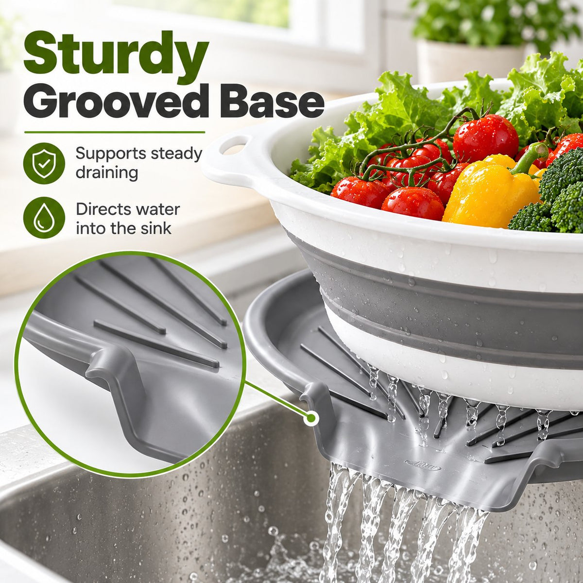 💧 3-Piece Collapsible Colander Set with Self-Draining Base – 3QT, 4QT & 5QT Space-Saving Kitchen Strainers