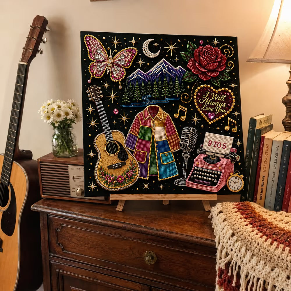 🎤 Premium 3D Pearl Dolly Country Music Tribute Art Kit | Luxury Flocked Canvas with Scratch-Resistant Non-Fading plastic Pearls & Faceted Drills DIY Keepsake Decor 💎✨