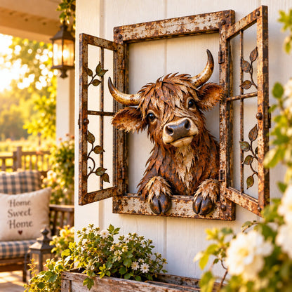 Rustic Peek-A-Boo Metal Highland Cow Window Wall Art