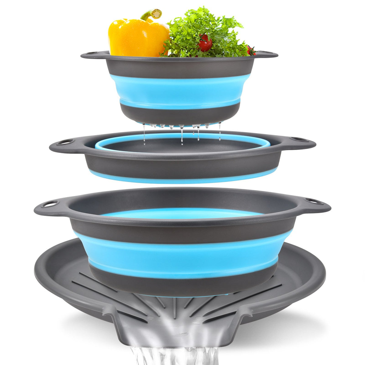 4-Piece Collapsible Colander Set – 3 Sizes with Self-Draining Tray