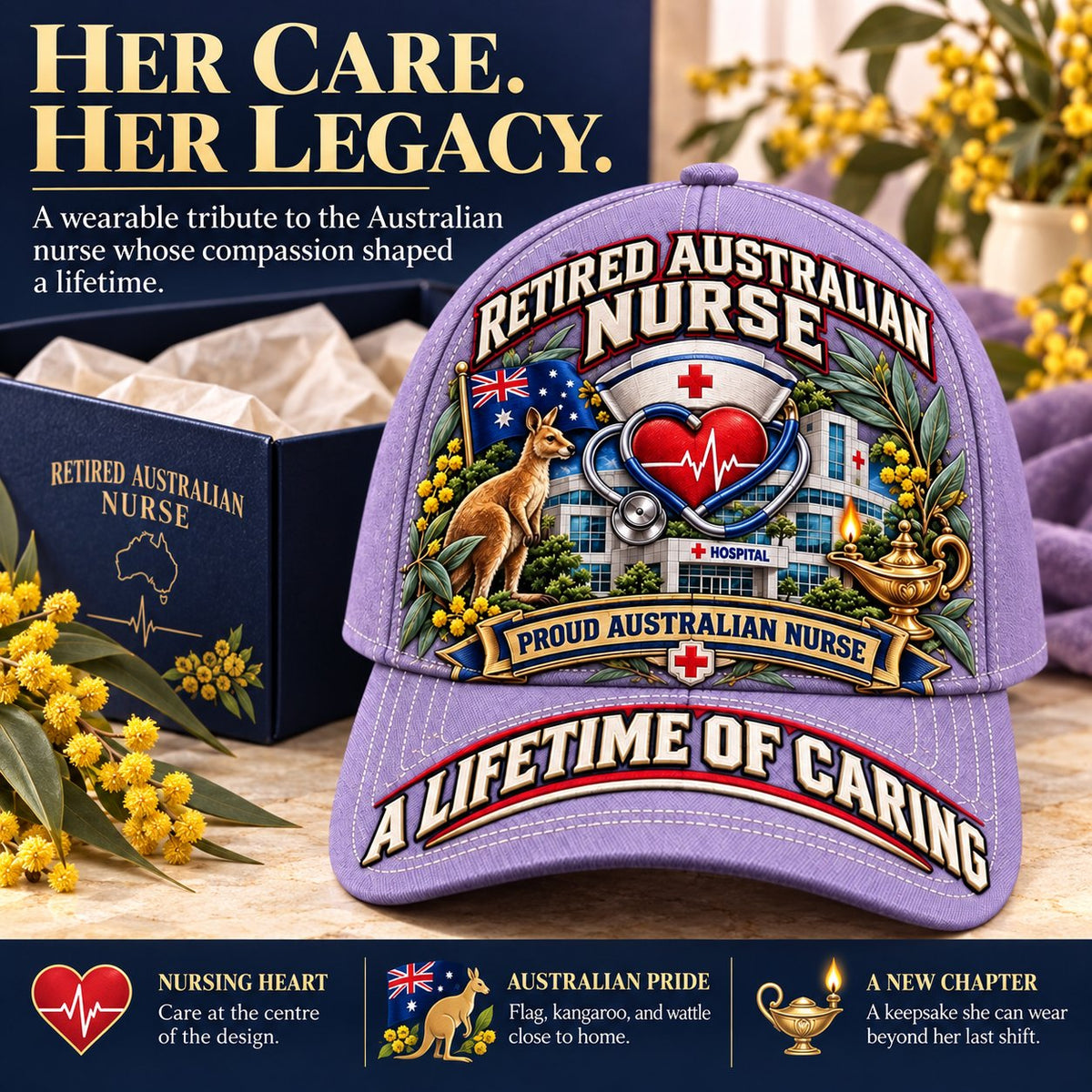 👩‍⚕️💖 “A Lifetime of Caring” Retired Australian Nurse Commemorative Cap| Cotton-Poly Blend • Detailed Embroidery • Adjustable Fit