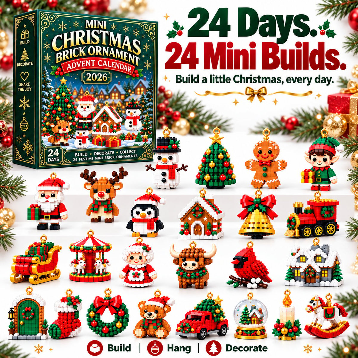 🎄 24-Day Mini Christmas Ornament Advent Calendar | 24 unique festive buildable designs with hanging loops—perfect for decorating Christmas trees, wreaths, and holiday displays 🧱