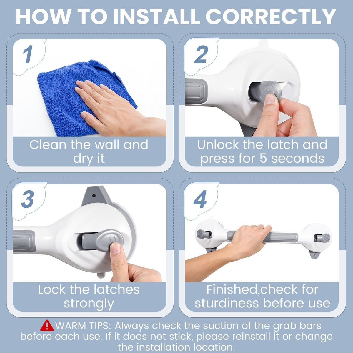 Heavy-Duty Suction Shower Grab Bars No-Drill Bathroom Safety Handle with Non-Slip Grip