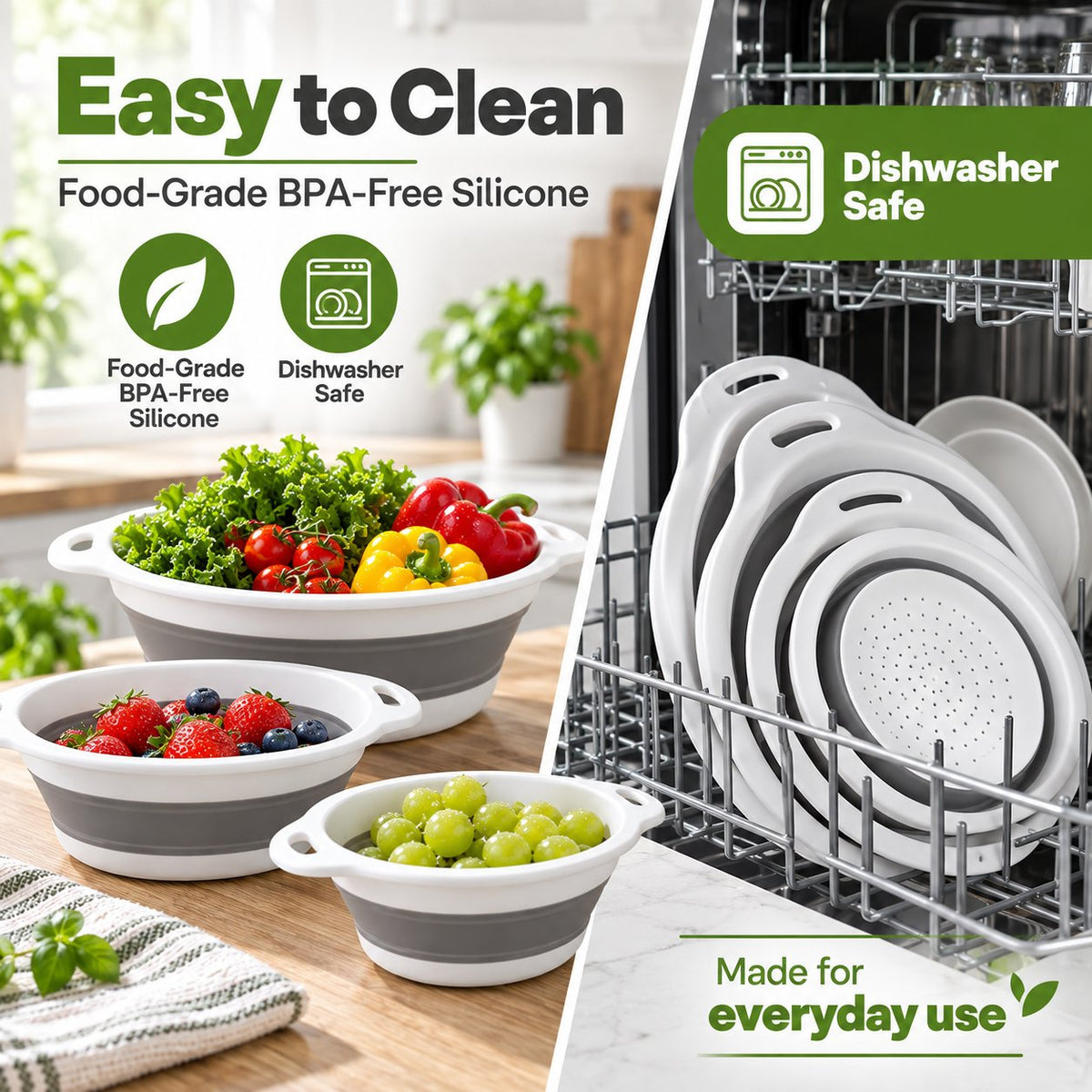 💧 3-Piece Collapsible Colander Set with Self-Draining Base – 3QT, 4QT & 5QT Space-Saving Kitchen Strainers