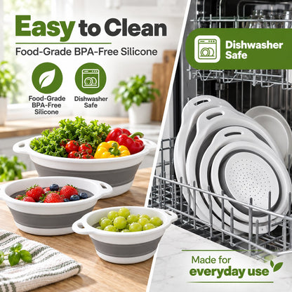💧 3-Piece Collapsible Colander Set with Self-Draining Base – 3QT, 4QT & 5QT Space-Saving Kitchen Strainers