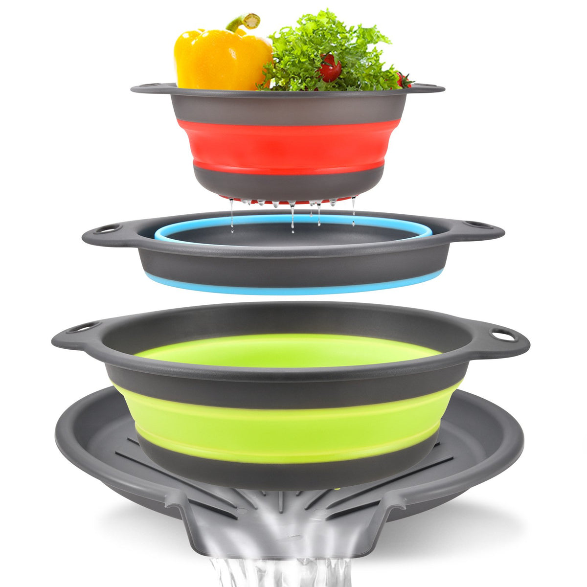 4-Piece Collapsible Colander Set – 3 Sizes with Self-Draining Tray