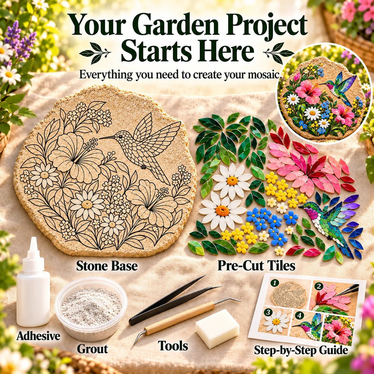 ⏳ Last Day 50% OFF – 🐦 Beginner-Friendly Hummingbird Wildflower Mosaic DIY Kit | Complete Kit with Mosaic Pieces, Tools & Guide Included 💕
