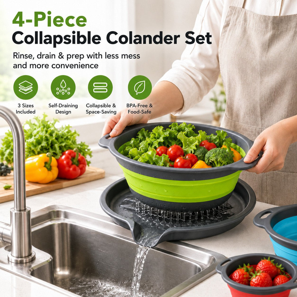 4-Piece Collapsible Colander Set – 3 Sizes with Self-Draining Tray