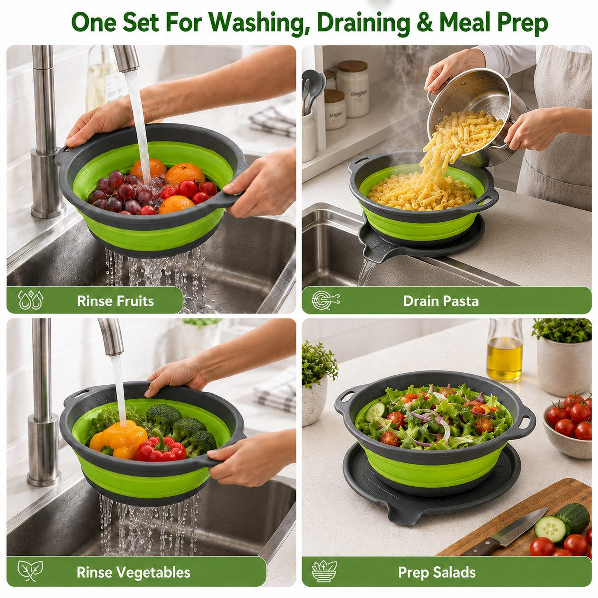4-Piece Collapsible Colander Set – 3 Sizes with Self-Draining Tray