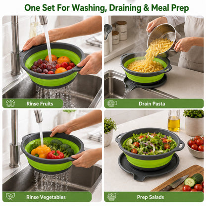 4-Piece Collapsible Colander Set – 3 Sizes with Self-Draining Tray