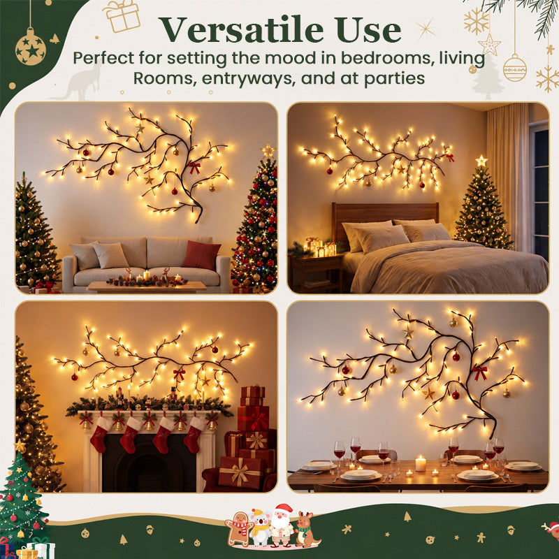 Flexible LED branch lights shown in multiple rooms and holiday settings
