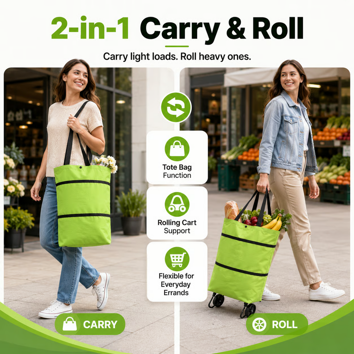 Foldable 2 in 1 Rolling Shopping Tote